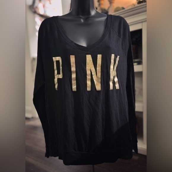 PINK Victoria's Secret Tops - Victoria’s Secret PINK black and gold long sleeve T-shirt, size Small